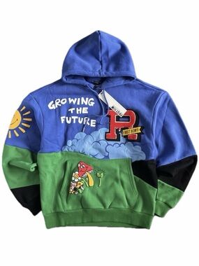 Blue and Green Hoodie with Puff Print Designs - Streetwear / Graphic